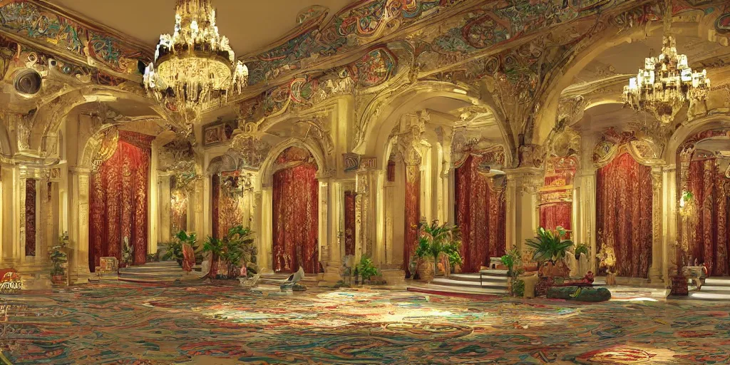 Prompt: a grand hall decorated with a blend of greco - roman and east asian styles, concept art, colorful