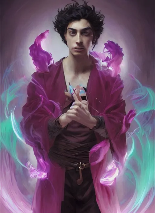 Image similar to character concept portrait of an attractive young bored Spanish wizard with magenta skin conjuring an fireball spell, a floating iridescent spell book in the center, intricate, elegant, digital painting, concept art, smooth, sharp focus, illustration, from Metal Gear, by Ruan Jia and Mandy Jurgens and William-Adolphe Bouguereau, Artgerm