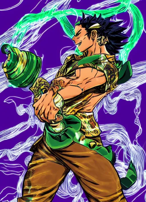 Image similar to jojo stand power based on demoscene chiptune webcore, art by hirohiko araki