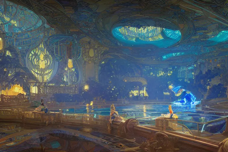 Prompt: Concept Digital Art Highly detailed Art Deco Cybertronian lazy river inside of the Palace of the Primes with glowing blue water at night by greg rutkowski, Ilya repin, alphonse mucha, and Edmund Blair Leighton. Very highly detailed 8K, Digital painting, the golden ratio, rational painting