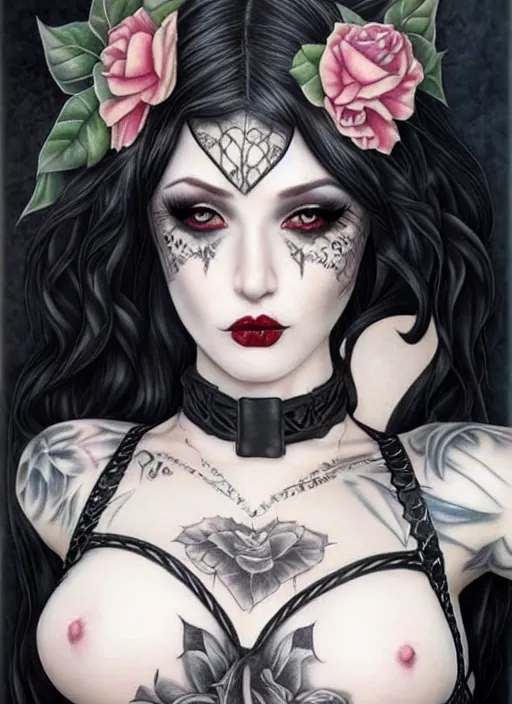 Image similar to two beautiful pale skin cosplay girls, gray eyes, black hair, fully tattooed body, fishnet corset with choker, symmetrical, beautiful detailed face, masterpiece, paint by magali villeneuve