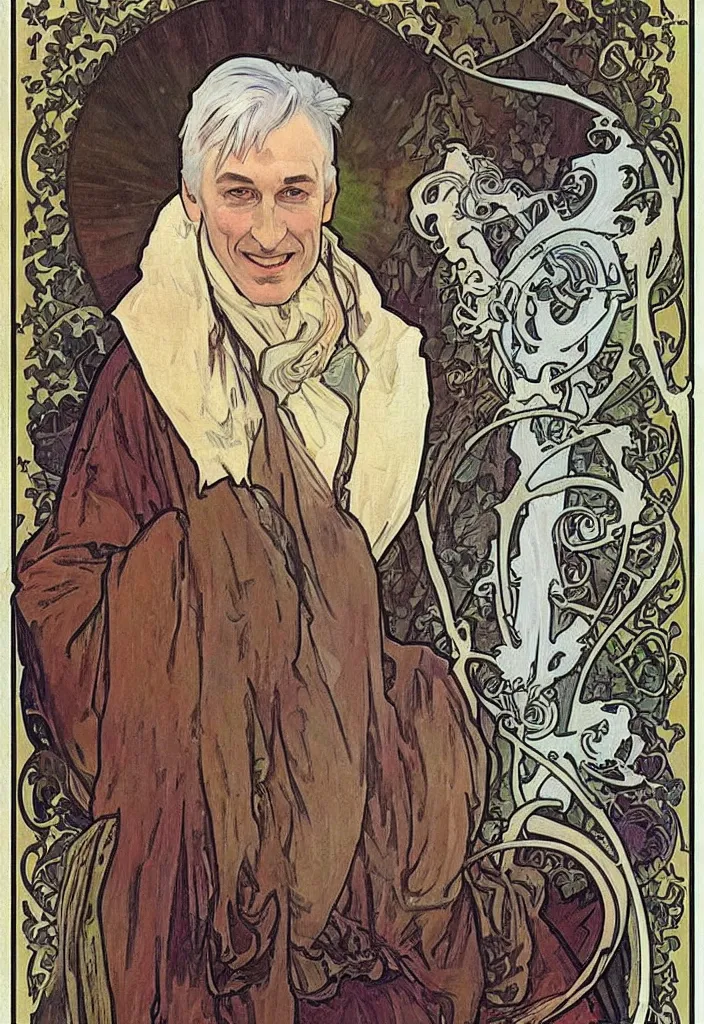 Image similar to realistic white - haired geoffrey hinton on a tarot card, tarot in art style by alphonse mucha