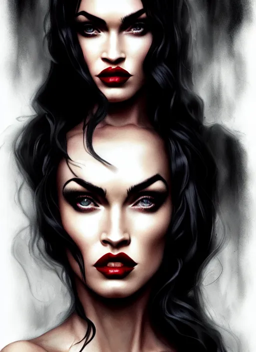 Image similar to megan fox witch queen, black eyes, blood, full body, intricate victorian dress, middle shot, cinematic lighting, symmetrical eyes, caravaggio, artgerm, joshua middleton, rafael albuquerque, moody lighting, candles