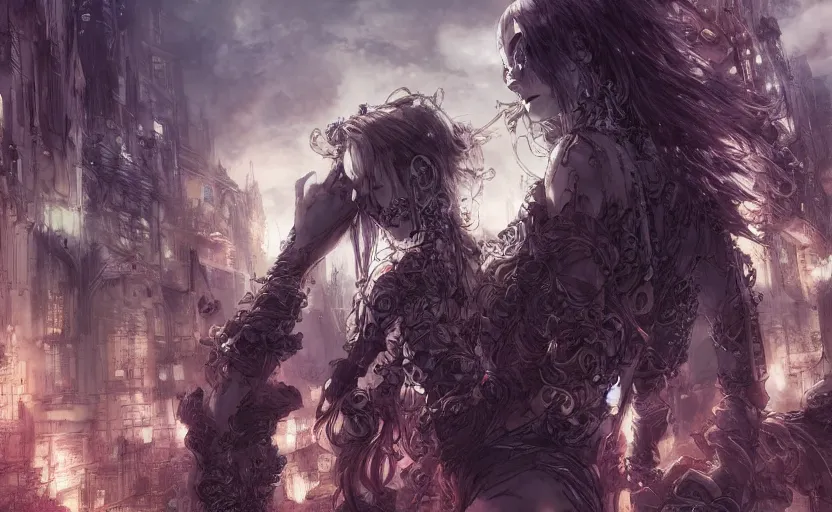 Image similar to goth woman in front of city, color page, tankoban, 4 k, tone mapping, akihiko yoshida, james jean andrei riabovitchev marc simonetti, yoshitaka amano, long hair, curly, h. hydrochaeri