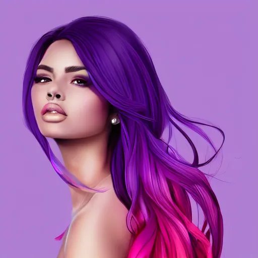 Image similar to a stunning upper body portrait of a beautiful woman with ombre hairstyle in purple and pink blowing in the wind by marvel comics, digital art, trending on artstation