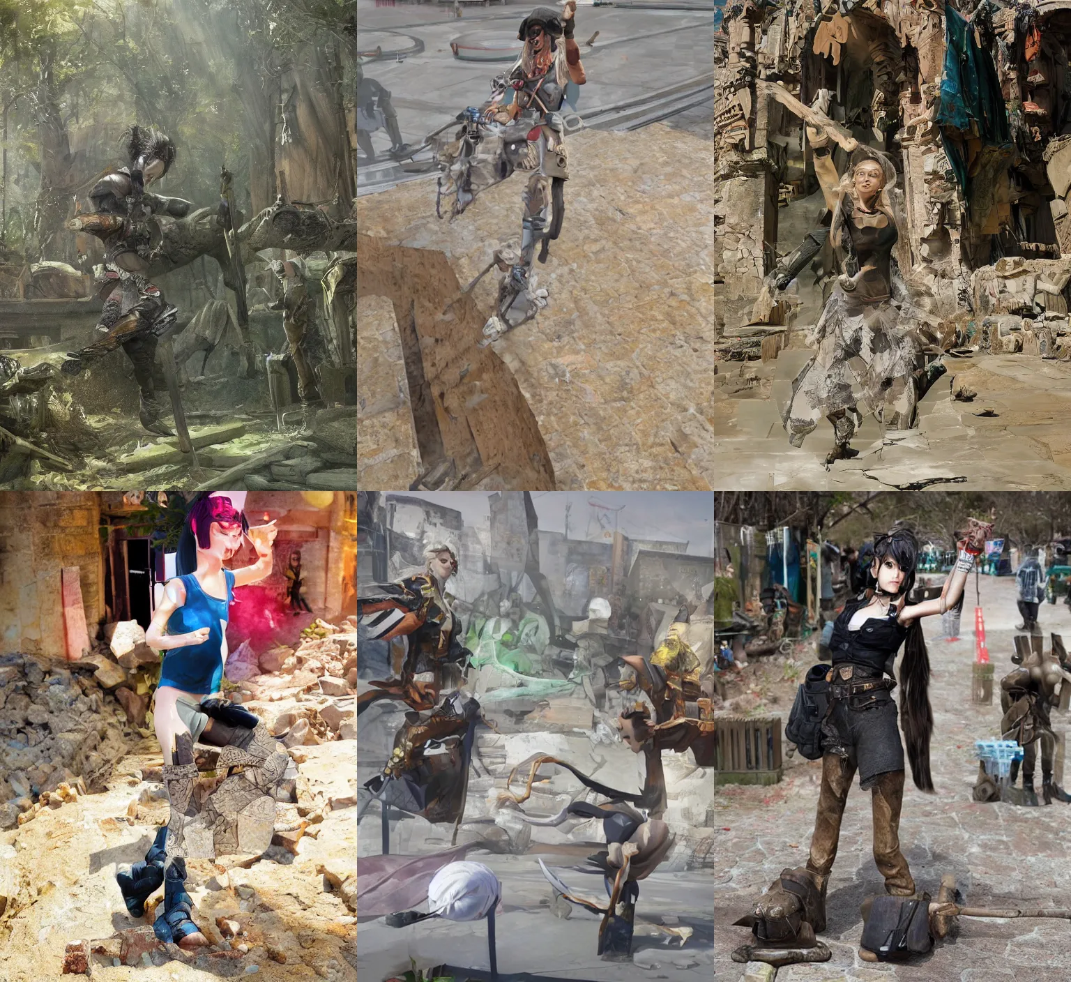 Image similar to action pose reference, procedurally generated, epic mage girl character, costume design from shopping mall, ancient city streets behind her, substance designer, PBR, HD, Ultra detailed, hyperrealistic, megascans, volumetric light, concept by master artist, good looking face, natural light, crazy angle