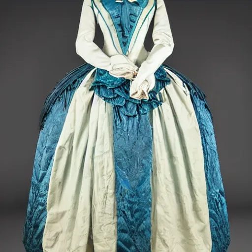 Prompt: the decorative detail of padded satin rouleaux are applied lavishly to this 1 8 2 0 s blue and green gauze dress. the feather pattern is an ethereal choice in gauze, overlaid with the couched loops of ivory silk.