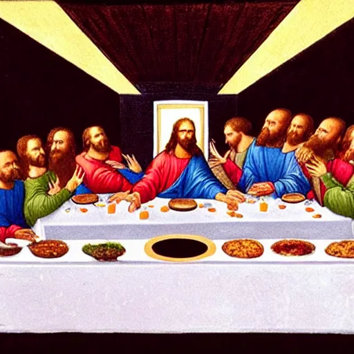 Image similar to jesus and the 1 2 disciples eating the last supper at applebees, in the style of leonardo da vinci