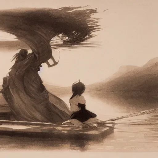 Prompt: spirited away by anders zorn placid, somber. a river scene. the river is represented by a line winding through the center of the kinetic sculpture. the banks of the river are represented by two lines, one on each side.