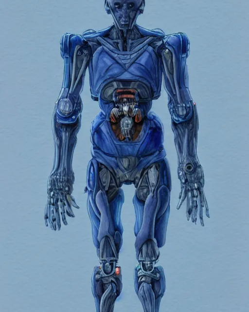 Image similar to a watercolor painting full body character portrait of a humanoid machine mutant in the style of moebius in the style of leonard boyarsky trending on artstation deviantart pinterest detailed photorealistic highlights and shadow hd 8 k post - processing high resolution
