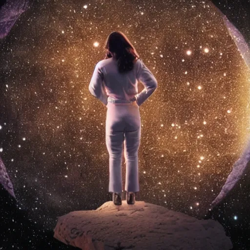 Prompt: retro female astronaut model!!!!, back view, walking out of a cave future city!!, vintage photograph, long wavy brunette hair, faded, artistic!!! composition, looking to the horizon holding a mechanical wand, award winning artistic photograph, centered in frame