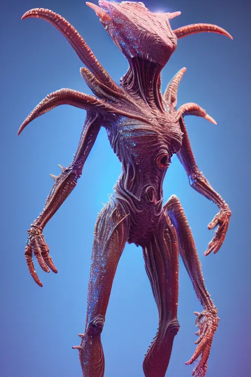 Image similar to skin concept alien, in full growth, mineral crystals instead of skin, magical crystals, smoky crystals, translucent crystals, luminous sparkling crystals, many details, 3 d, cinematic, hyper realism, high detail, octane render