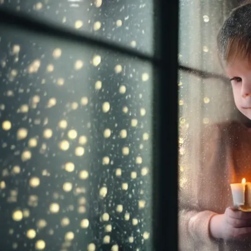 Image similar to a children photographed through a rainy window, bokeh, cinematic light, candles,