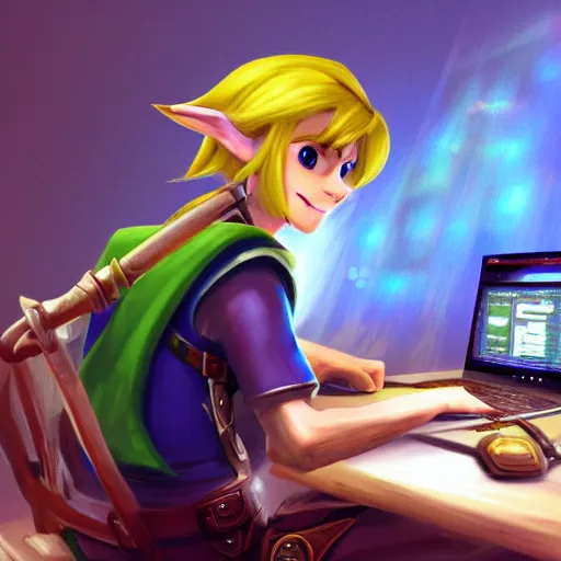 Image similar to Link from Zelda, sitting at a desk programming on a computer, close-up shot, cozy, elegant, realistic character concept, high fantasy, light atmosphere, golden ratio, cinematic lighting, hyperdetailed, high resolution, insanely detailed and intricate, digital art