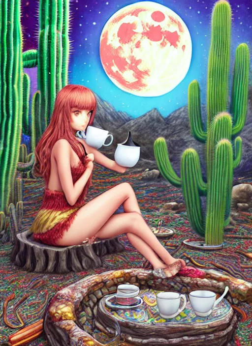 Prompt: richly detailed colored pencil 3 d illustration spartan drinking tea at campfire with trichocereus background and smoke haze full moon ayahuasca peyote art by range murata and artgerm