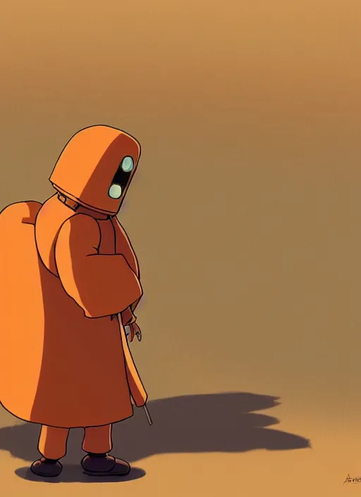 Image similar to a study of cell shaded cartoon of an orange robot monk from howl's moving castle ( 2 0 0 4 ) on a desert road, full body, wide shot, very muted colors, post grunge, studio ghibli, laurie greasley, highly detailed, deviantart, art by artgem