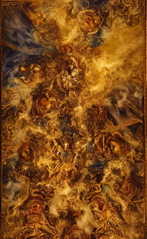 Image similar to 'Deamons Invade The Holy See' by István Sándorfi royally decorated, whirling smoke, embers, gold encrustations , gilt silk torn fabric, radiant colors, fantasy, perfect lighting, studio lit, micro details,