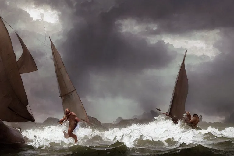 Image similar to ancient historically accurate depiction of Bible Character walking on water during a storm, a small fishing sailboat with scared sailors on board, dramatic lighting by frank miller, illustration by Ruan Jia and Mandy Jurgens and William-Adolphe Bouguereau, Artgerm, 4k, digital art, surreal, space dandy style, highly detailed, godsend, artstation, digital painting, concept art, smooth, sharp focus, illustration by Ruan Jia and Mandy Jurgens and William-Adolphe Bouguereau, Artgerm