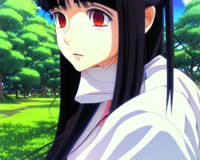 Prompt: beautiful anime girl with long black hair and bangs, fine details portrait, park in background, bokeh. anime masterpiece by Studio Ghibli. illustration, sharp high-quality anime illustration in style of Ghibli, Ilya Kuvshinov, Artgerm
