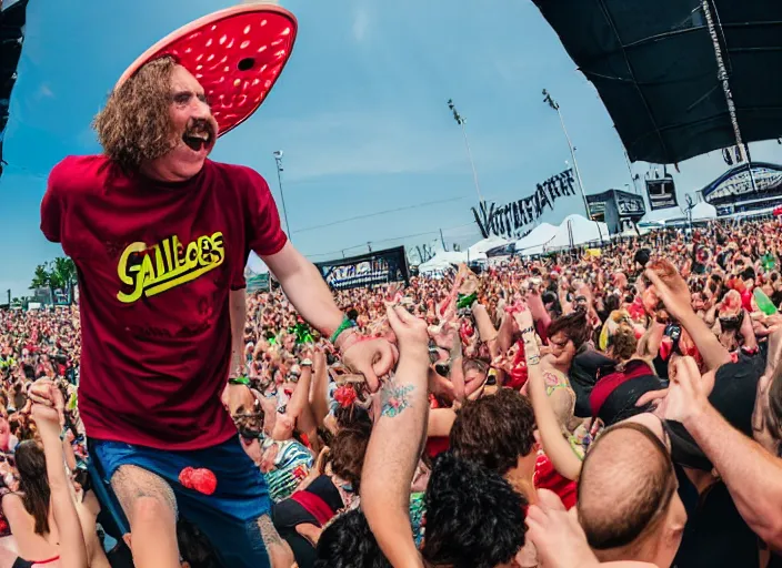 Image similar to photo still of gallagher at vans warped tour!!!!!!!! at age 4 5 years old 4 5 years of age!!!!!!! throwing watermelons at a crowd, 8 k, 8 5 mm f 1. 8, studio lighting, rim light, right side key light