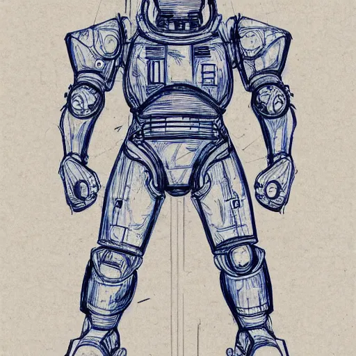 Prompt: T-60 power armor A hand-drawn blueprint by Leonardo DaVinci