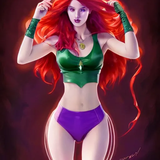 Image similar to ultra realistic illustration, bella thorne as starfire wearing crop top anime, intricate, elegant, highly detailed, digital painting, artstation, concept art, smooth, sharp focus, illustration, art by artgerm and greg rutkowski and alphonse mucha and wlop!