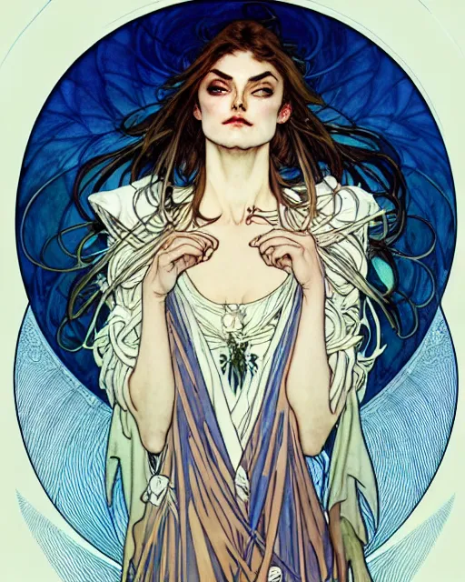 Prompt: in the style of artgerm, arthur rackham, alphonse mucha, phoebe tonkin, symmetrical eyes, symmetrical face, flowing blue skirt, full entire body, hair blowing, intricate filagree, hidden hands, warm colors, cool offset colors