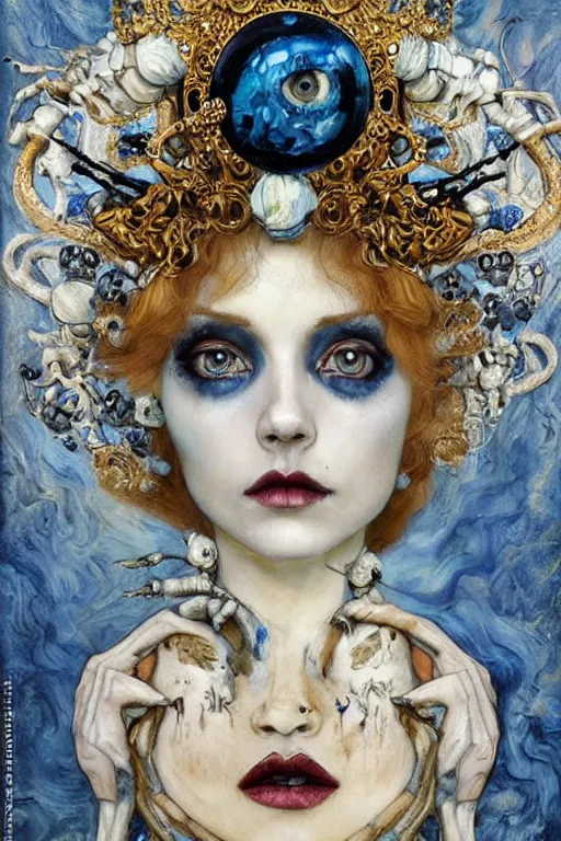 Image similar to The Princess of Bones by Karol Bak, Jean Deville, Gustav Klimt, and Vincent Van Gogh, portrait of a porcelain princess wearing a crown, porcelain ball-joint doll face with blue painted tattoos, pale blue eyes, mystic eye, otherworldly, crown made of bones, ornate jeweled crown, skulls, fractal structures, arcane, inscribed runes, infernal relics, ornate gilded medieval icon, third eye, spirals