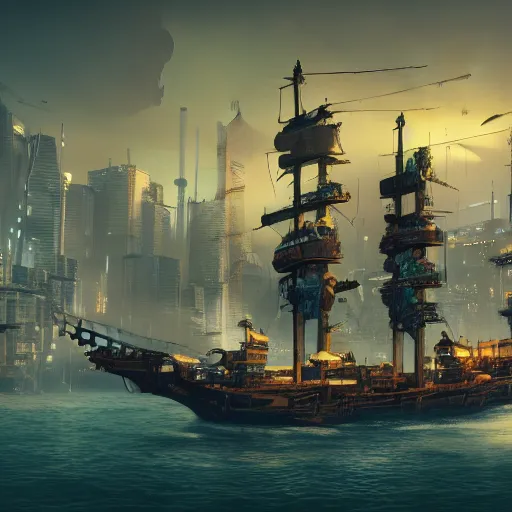 Image similar to high quality photo of a pirate ship in a cyberpunk cyberpunk cyberpunk city, realism, 8k, award winning photo