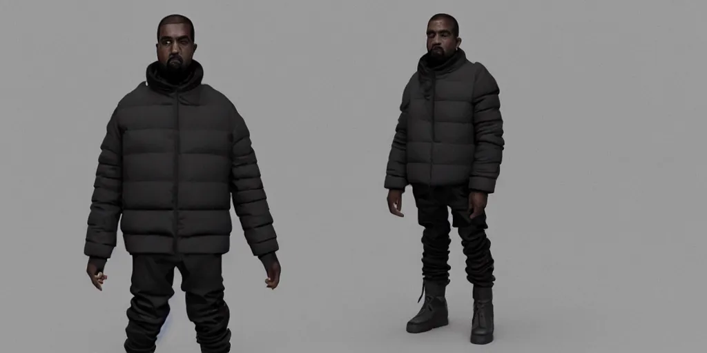 Image similar to kanye west wearing a full black face covering made from a cloth or fabric material, a small, tight and undersized reflective bright blue round puffer jacket made of nylon, reflective jeans pants made of nylon and big black balenciaga rubber boots in 3 d, blender, octane render, 3 d render, realistic, unreal engine, studio light, 4 k, 8 k