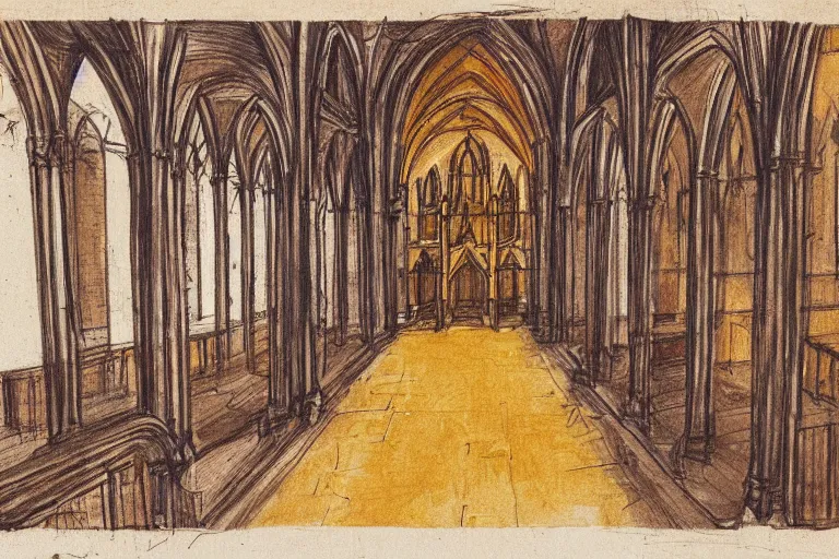 Prompt: a very detailed architectural sketch of of a cathedral interior on a textured brown paper, windows bright with orange and yellow color spilling on the floor