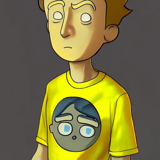 Image similar to morty from rick and morty as a human wearing yellow shirt, highly detailed portrait, digital painting, artstation, concept art, smooth, sharp foccus ilustration, artstation hq