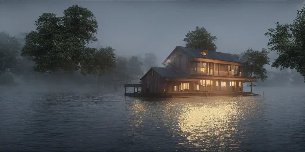 Prompt: photorealistic wide shot of a beautiful house that floats on the water in the moonlight, octane render, unreal engine 4k, volumetric light, fog, detailed