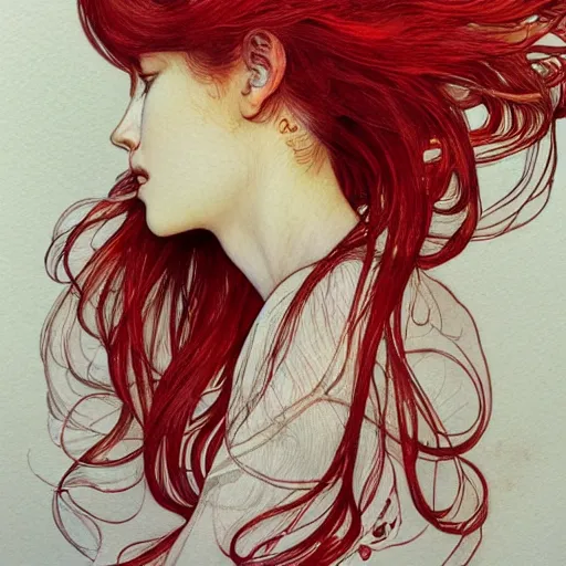 Image similar to side view a beautiful and inspiring intricate watercolor illustration artwork red hair girl, 4 k, ultra - wide angle, by william turner, by victo ngai, by alphonse mucha, by miho hirano, hd, trending on artstation, hyper detailed, muted colors, inspiring, beautiful, energetic