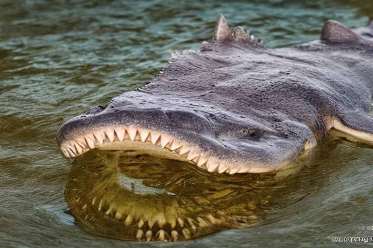 Image similar to a crocodile shark!!! hybrid! hyper realistic!! realistic lighting!! wildlife photographer of the year!!! bold natural colors, national geographic, hd, wide angle, 8 k