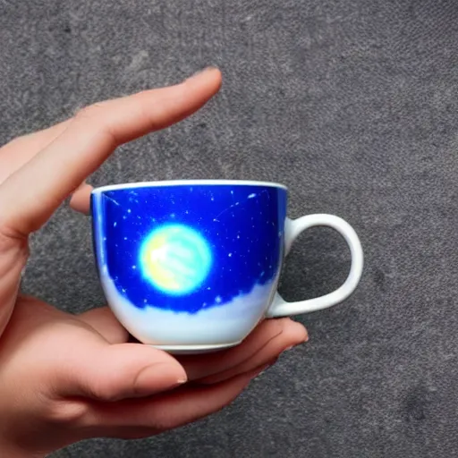 Image similar to a teacup containing a planet Jupiter as a boiling liquid, hyper realistic