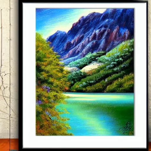 Prompt: Beautiful artwork painting of a beautiful italian landscape with a lake, mountains and trees, detailed, symmetrical, award-winning, pastel color pallette, inspiring