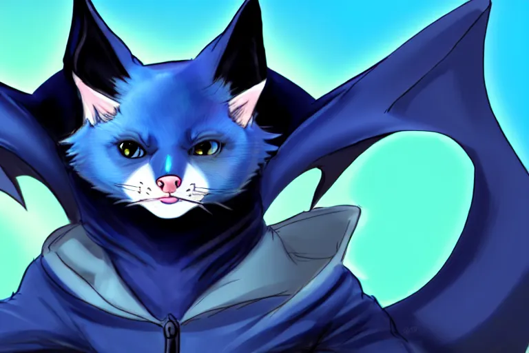 Image similar to a blue - and - black male catbat fursona with blue / green heterochromatic eyes ( differently - colored eyes, one green, one blue ) and huge bat ears, photo of the catbat streaming on his computer