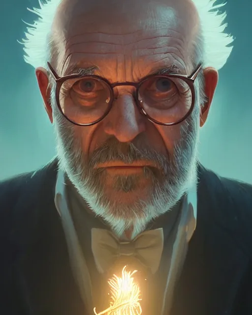 Image similar to highly detailed vfx portrait of an old and tired beppe hrillo casting a light spell, unreal engine, greg rutkowski, loish, rhads, beeple, makoto shinkai and lois van baarle, ilya kuvshinov, rossdraws, tom bagshaw, alphonse mucha, global illumination, detailed and intricate environment