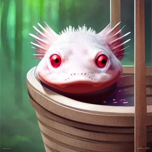 Prompt: cute round face axolotl sitting in a bucket with a forest background, award winning art, trending on artstation, digital art, painting, matte painting, render, hyper realistic, realism, photography