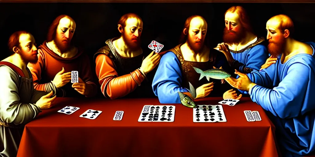 Prompt: Renaissance painting of four men playing cards with fish, hyper detailed, UHD, 8K