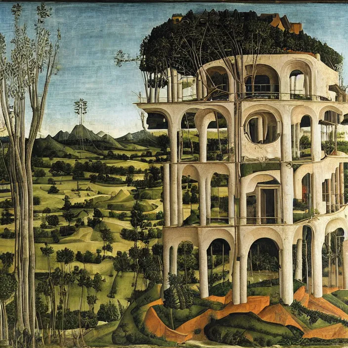 Prompt: a building in a serene landscape, by sandro botticelli