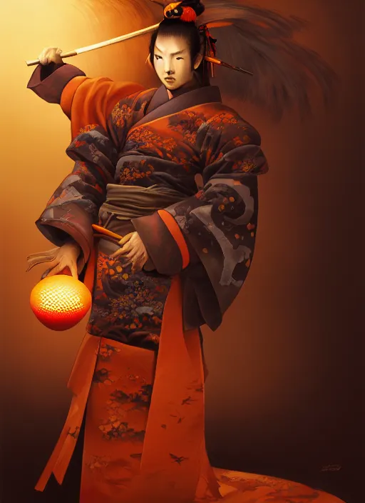 Image similar to kitsune samurai in autumn color kimono holding a glowing egg, subsurface scattering, by jesper ejsing, justin gerard, tomasz alen kopera, cgsociety and fenghua zhong, highly detailed, rim light, cinematic lighting, illustration, art, octane render, very coherent, cinematic, hyper realism, high detail, octane render, 8 k