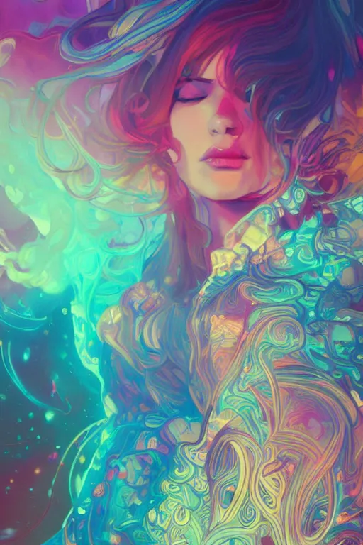 Image similar to a gorgeous woman surrounded by colorful liquid clouds and neon smoke, extremely detailed, super psychedelic experience, psilocybin, dmt, lsd, face, highly detailed, artstation, alphonse mucha, hana yata, and artem demura and beeple, octane render, unreal engine, 8 k