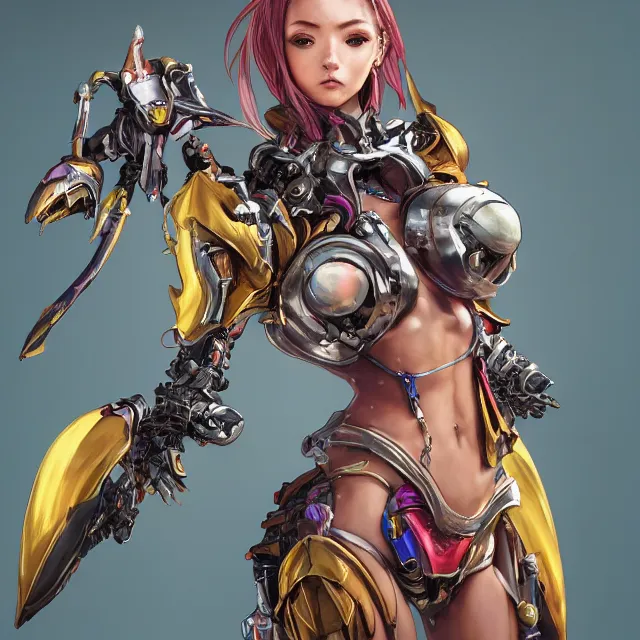 Image similar to studio portrait of lawful good colorful female holy mecha paladin absurdly beautiful, elegant, young skinny bikini model, ultrafine hyperrealistic detailed face illustration by kim jung gi, irakli nadar, intricate linework, sharp focus, bright colors, matte, octopath traveler, final fantasy, unreal engine highly rendered, global illumination, radiant light, intricate environment