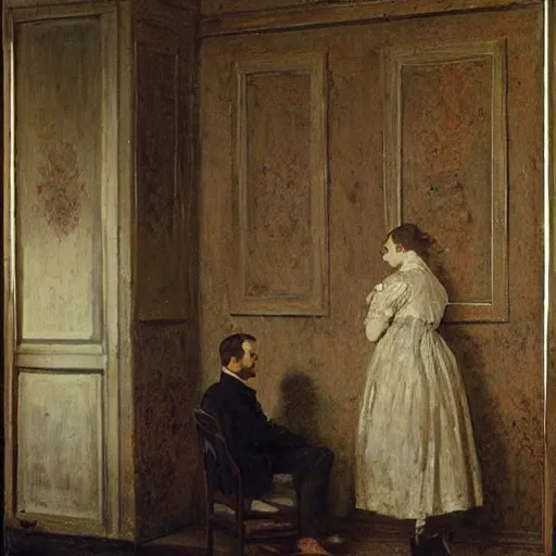 Image similar to a young man and a young woman solving an escape room puzzle, mysterious markings on the wall, by alfred stevens