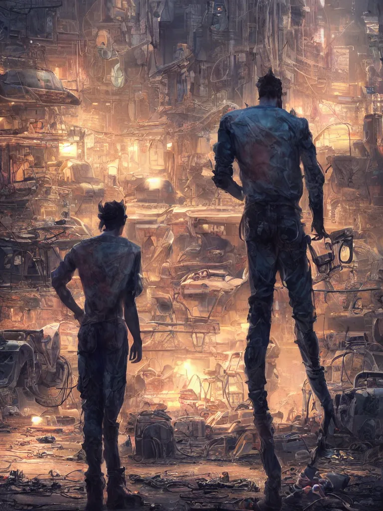 Prompt: concept art of a humanoid standing in a junkyard, back - view, technology screens glowing, hyper maximalist, matte painting, ultra detail, concept art, hyper realistic, photorealistic, cgsociety, hyper maximalist, artstation, cgsociety, style by jon foster and feng zhu and tyler edlin, octane render, anime style