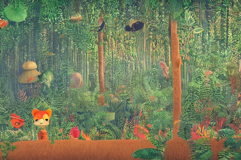 Prompt: night jungle, forest, stars, highly detailed, glitch on animals, unreal engine render concept art, style of henri rousseau and richard scarry and hiroshi yoshida