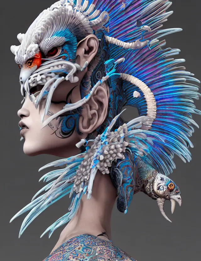 Image similar to 3 d goddess close - up profile simple portrait punk with mohawk with ram skull. beautiful intricately detailed japanese crow kitsune mask and clasical japanese kimono. betta fish, jellyfish phoenix, bio luminescent, plasma, ice, water, wind, creature, artwork by tooth wu and wlop and beeple and greg rutkowski