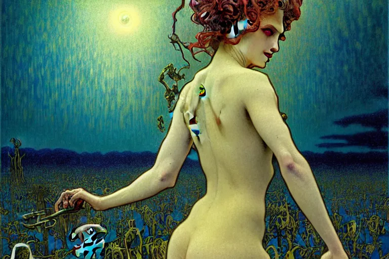 Prompt: realistic detailed portrait painting of a beautiful female zombie, nightly graveyard landscape background by Jean Delville, Amano, Yves Tanguy, Alphonse Mucha, Ernst Haeckel, Edward Robert Hughes, Roger Dean, masterpiece, cinematic composition, dramatic pose, 4k details, rich moody colours, blue eyes